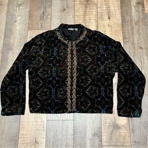 CHICO'S‎ Velveteen Jacket Size 3 / XL Paisley Green Teal Gold Open Front BOHO